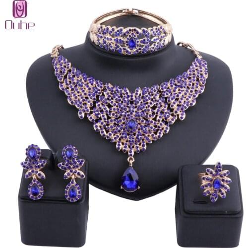 Women Moroccan style Statement Necklace Earrings Bangle Ring Set with Crystal Rhinestones Luxury Bride Wedding Jewelry sets