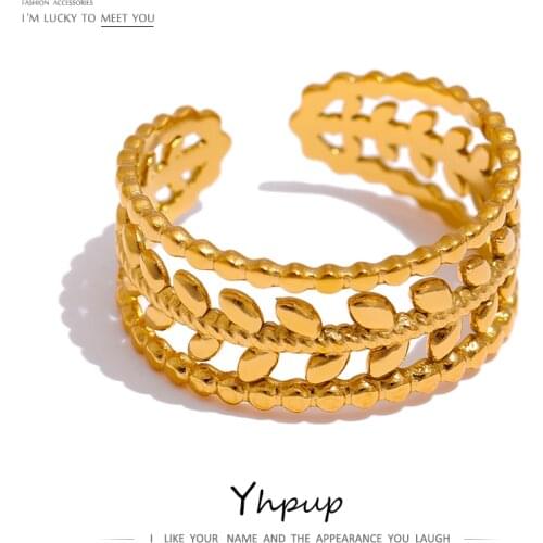 Yhpup New Stainless Steel Leaves Ring Statement Metal Gold Color 18 K Opening Ring joyería acero inoxidable mujer Gala Gift