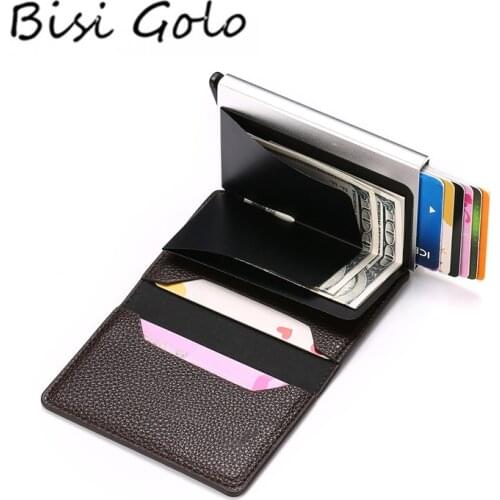BISI GORO Litchi Soft Leather Card Case RFID PopUp Card Holder Aluminum Box Information Protector Security Clutch Fashion Wallet