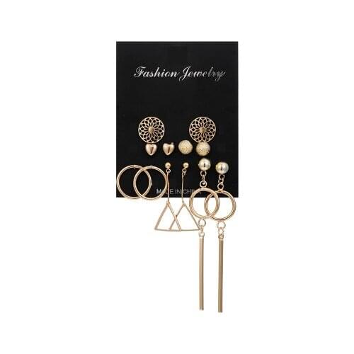 Occident New Earrings 6 Pairs Set Triangle Round Heart Hollow Pattern Geometric Stud Earrings Women Fashion Jewelry Wholesale