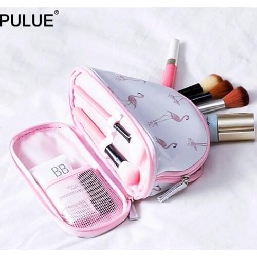 New Design Two-tier Makeup Bag Female Fashion Flamingo Cactus Double Zipper Cosmetic Bag Women Waterproof Toiletries Storage Bag