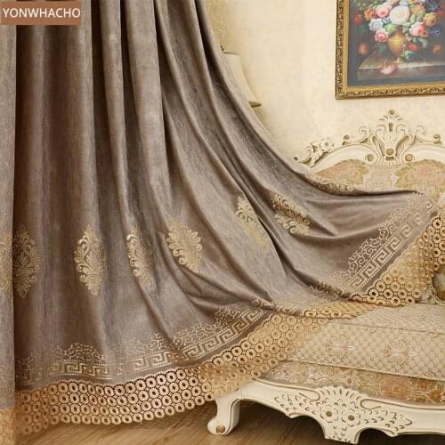 Custom curtains European high quality luxury coffee embroidered thick chenille cloth blackout curtain tulle drape B706