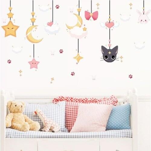 PVC Wall Stickers Cute Rabbit Cat Hanging Childrens Kid Room Bedroom Wardrobe Cabinet Home Decoration Wall Paste Mural