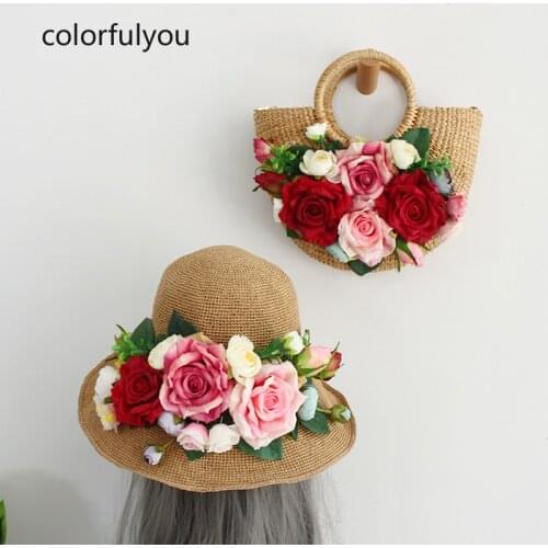 Handmade Half-Round Rattan Woven Straw Bag For Women Flowers Messenger Crossbody Bags Girls Small Beach Handbag with Hat