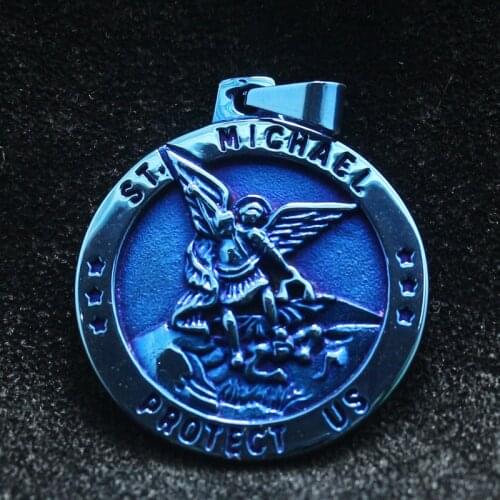 316L Stainless Steel Star SAINT MICHAEL PROTECT US Blue Pendant