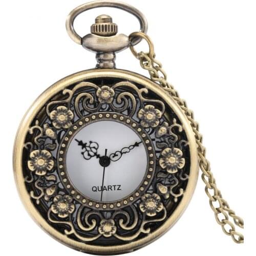 Antique Flowers Bronze Hollow Hunter Quartz Pocket Watch Retro Vintage Exquisite Lady Jewelry Pendant Clock Gifts for Men Women