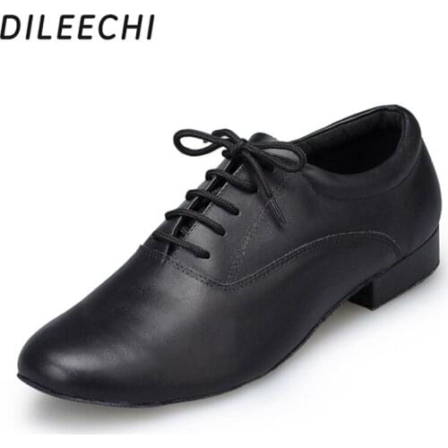 DILEECHI mens modern Dance Shoes Genuine Leather Sole Shoes Ballroom Dance Shoes Salsa Shoes For Men Jazz black Low Heel 2.5cm