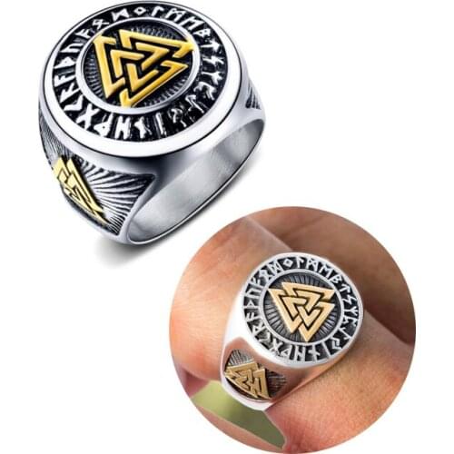 Viking Mens Gold Two-Tone Stainless Steel Amulet Ring Triangle Odin Vegvisir Rings Nordic Talisman Jewelry