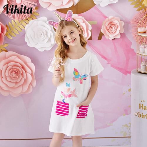 VIKITA Girl Cotton Dress Kids Girls Summer Dress Toddlers Short Sleeve Vestidos Children Butterfly Costumes Children Clothing