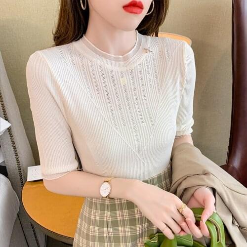 Womens T-shirt Lace Knitted T Shirt Womens Short Sleeve T-shirts Top Solid Color Tee Blusas Woman Tshirts