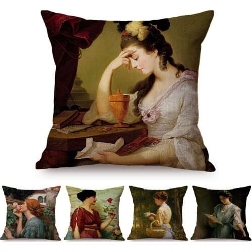 Woman in love nordic vintage oil painting art throw pillow case beautiful girl reading love letter sofa decorative cushion cover