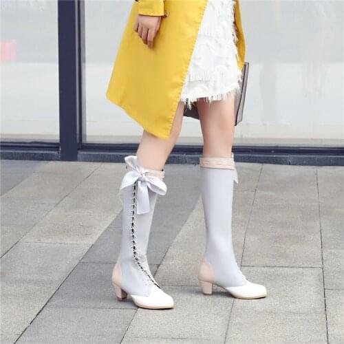 YMECHIC 2018 Fashion Butterfly-knot Ladies Lolita Shoes Princess Block High Heel Lace Up Mid Calf High Ridding Knight Boots 45