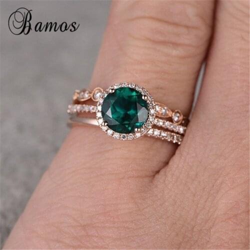 Bamos Vintage Green Zircon Engagement Ring Set Rose Gold Filled Stackable Wedding Rings For Women Luxury Jewelry Bridal Sets