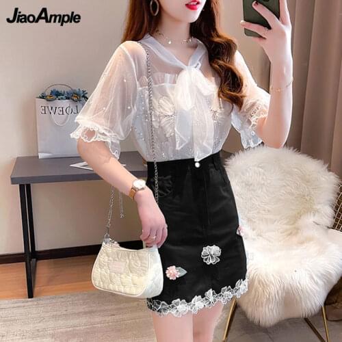 Womens Skirt Suit Summer Thin Mesh Top Flower Skirts Two-Piece French Sweet Slim Shirt Dress Set Lady Plus Size Short Outfits