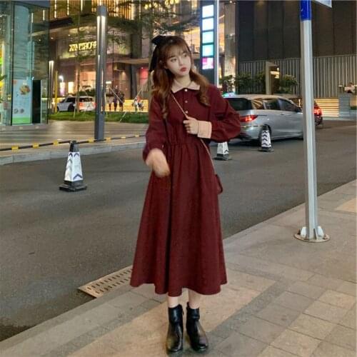 2021 Autumn WInter Women Dress Loose Oversize 4XL Ladies Corduroy Robe Bow Long Sleeve Thick Vestidos Wine Red Color Dresses