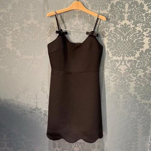 French style vintage diamond spaghetti strap dress women summer bow black party dress a-line