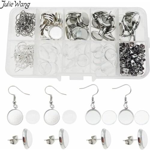 Julie Wang 180pcs Stainless Steel Ear Hooks Earring Post Butterfly Back Base With Glass Cameo Cabochon Making DIY Accessory