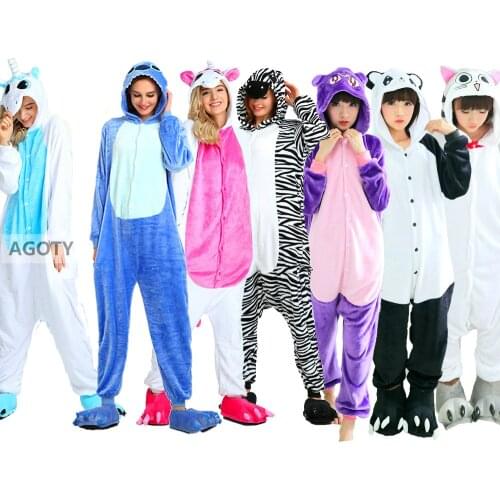 Unicorn Panda Totoro Pajamas Stitch Adult Animal Onesies Women Men Couple 2020 Winter Pajamas Suit Cat Sleepwear Flannel Pijamas