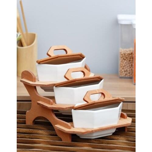 3-Piece Square Jar with Wooden Stand 827 kitchen mother spice set salt and pepper bowl tableware wooden bamboo