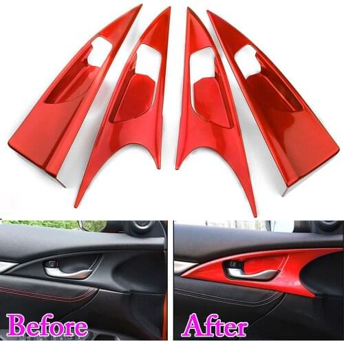 4pcs Red ABS Car Inner Door Handle Bowl Cover Molding Trim Frame For Honda Civic 2016-2018 Left Hand Drive