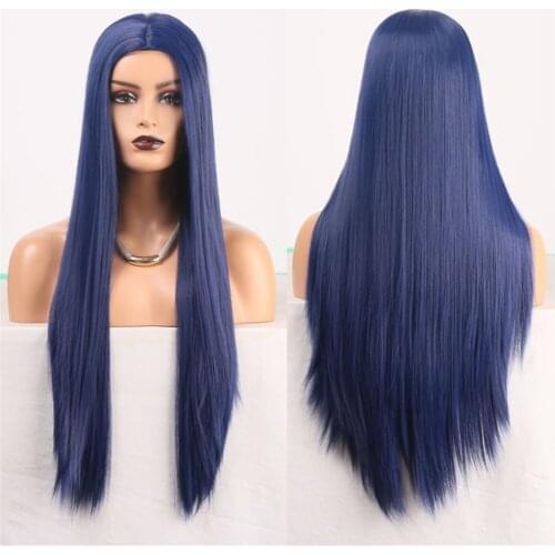 Glueless Blue Synthetic Wigs for Women Fiber Hair Silky Straight Cosplay Wig with Baby Hair Middle Part