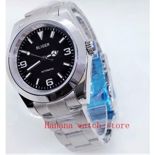 BLIGER Round Stainless Steel Mens Watch Self Winding MIYOTA Movement Mental Strap Luminous Hand