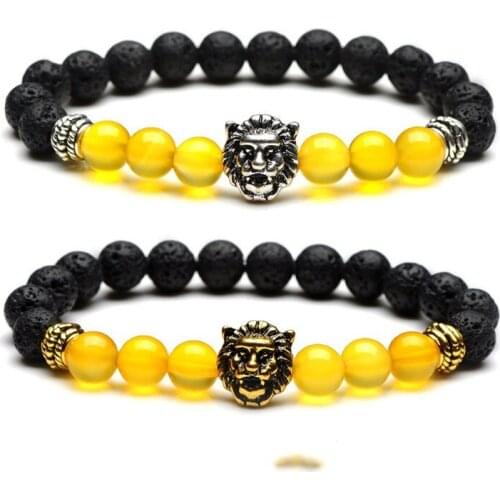 Druzy 6PC Electroplating Lion Head Drum Beads 8mm Natural Stone Volcanic Stone Yellow Agates Bead Bracelet Fine Jewelry
