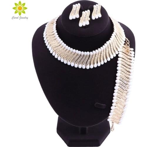Dubai Gold Color Necklace African Beads Jewelry Sets For Women White Enemal Necklace Earrings Bracelet Ring Wedding Gift