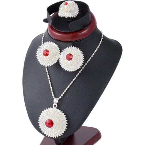 Red Stone Ethiopian Silver Jewelry Sets for Women Necklace Earring Sets Habesha Gold Bangles Wedding African Bride jewelry Sets