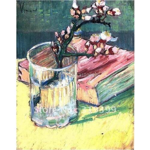 Linen Canvas Oil Painting reproductio, Blossoming Almond Branch in a Glass with a Book by Vincent Van Gogh,100% handmade