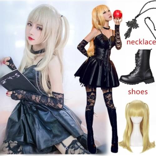 Death Note Misa Amane Imitation Leather Sexy Tube Tops Lace Dress Uniform Outfit Anime Customize Cosplay Costumes wigs shoes
