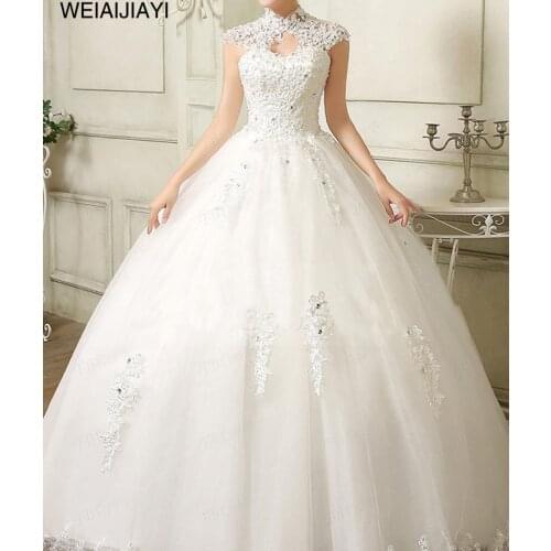 Beautiful Princess White Ivory Wedding Gown High Neck Sexy Cap Sleeve Shiny Cheap Dress Dresses vestido de novia robe de mariee