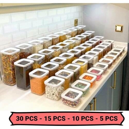 10-15-30 pcs Square Storage Container Box Dry Food Grains Storage Set Vacuum Lid Transparent Air-Proof Organizer Storage