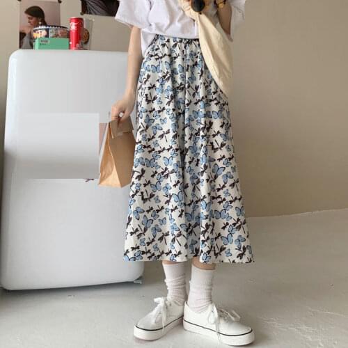 Summer Skirt Butterfly Floral High-waisted Skirt Harajuku Casual Midi Skirt Korean Fashion Plus Size Elastic Waist Skirts Womens