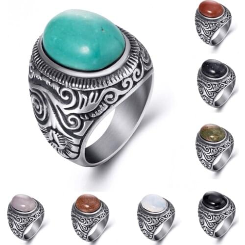 Mens Womens Natural Oval Turquoises Black Onyx Stainless Steel Ring Wholesale Jewelry Plus Size 8-15