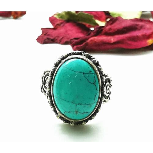 Nepal Vintage Rings for Lady Copper Inlaid Simulated Turquoises Flower Rings Oval Ring R038