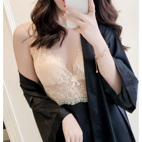 2019 new Ma'am Imitate Real Silk Nightdress Robe Twinset Lace Hollowing Out Dew Back Sexy Temptation Charming High Files Silk