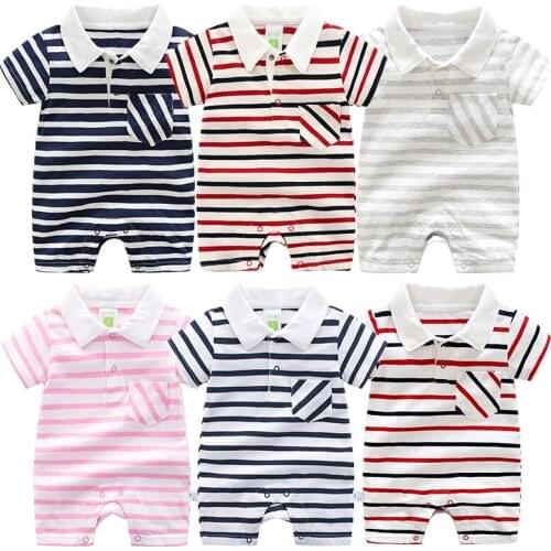 2021 New Baby Clothing Summer Striped Short Sleeved Jumpsuit Boy Combed Cotton Romper Infant Climbing Clothes Newborn Pajama Out