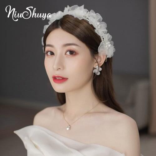 NiuShuya New Handmade Slik Flower Pearl Headband Elegance Beauty Bridal Floral Headpiece Wedding Women Hair Accessories