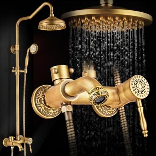 New Luxury Antique Brass Carving Rainfall Shower Sets Faucet Mixer Tap Tub Faucet Brass Bath & Shower Faucet Set Bathtub Faucet