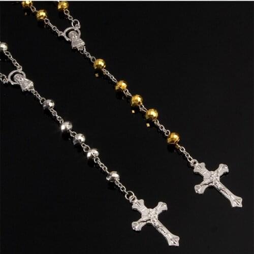Wholesale Rosary 48 Pieces / 8mm Plastic Handmade Crystal Cross Rosary Long Chain Chain Jesus Cross ROSARIO Religious Long Neckl
