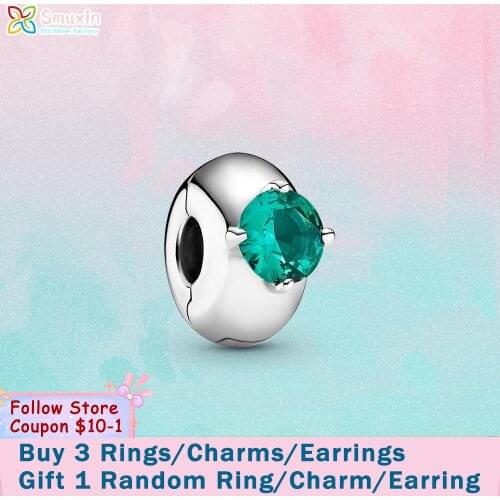 Smuxin 925 Sterling Silver Beads Green Round Solitaire Clip Charm fit Original Pandora Bracelets for Women Jewelry Making Gift