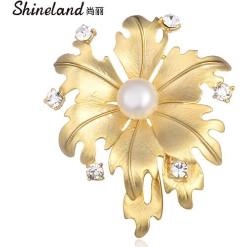 Shineland Punk Alloy Flower Broche Pearls Brooch Crystal Pin Brooches Wedding Party Jewelry Gift for Women Clothes Accessories