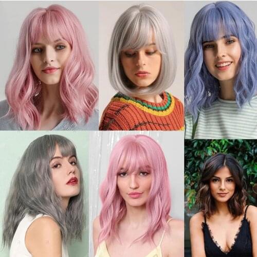 Short Wavy Synthetic Wigs with Bangs for Women Mixed Hair Bob Wig Daily Hair Heat Resistant Fiber Cosplay Party Wig