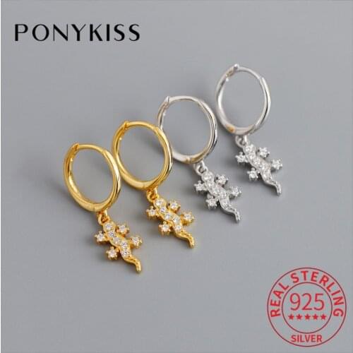 PONYKISS Trendy 100% 925 Sterling Silver Gecko Zircon Hoop Earrings Women Party Punk Fashion Jewelry Accessories Delicate Gift