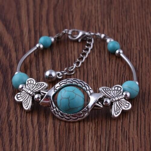 Bohemia Natural Stone Butterfly Bracelets for Women Silver Color Blue Planet Beads Accessories Jewelry