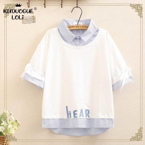 Girls Kawaii Short Sleeve T-shirt Top Women Sweet Letter Ribbon Bow Irregular Student College Style Cute Tshirt Khaki White Blue