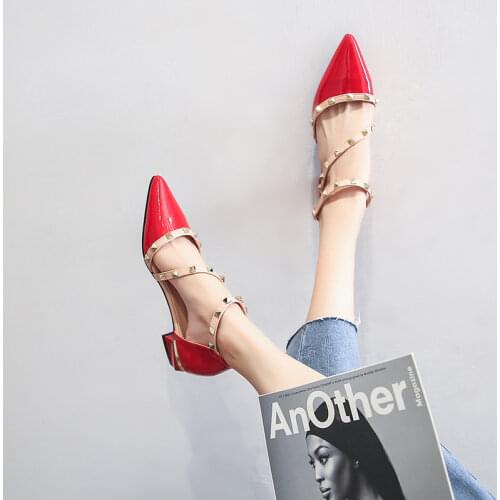 Sandals womens 2020 summer rivet pointed thick heel buckle all-match mid-heel large size womens shoes single shoes