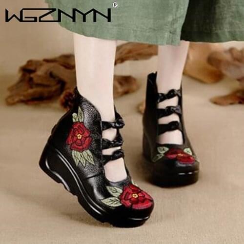 2021 Classic Handmade Embroidered Real Leather Shoes Slope with High Heels Ankle Boots Women Shoes Fashion Boots Wedding Shoes