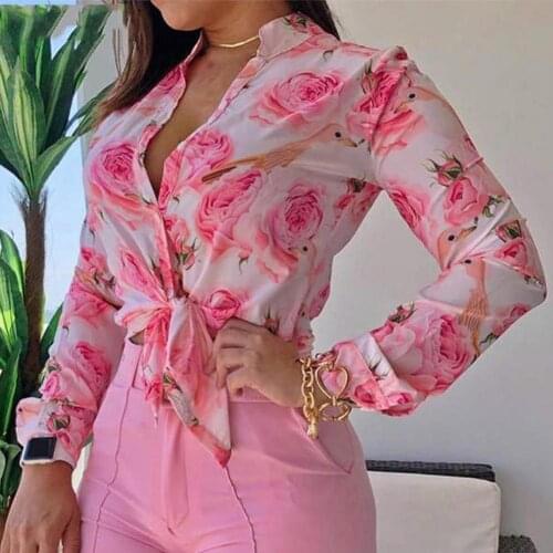 Spring and autumn womens shirts 2021 new V-neck casual chiffon shirt blouses long-sleeved retro digital printing street shirts